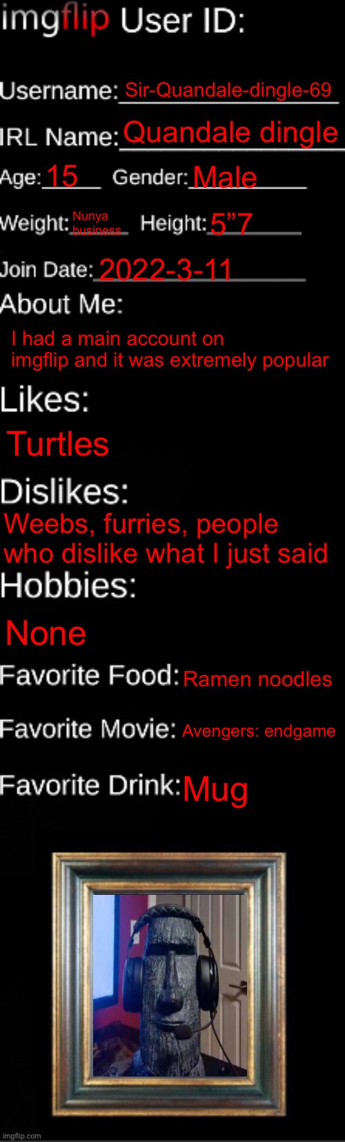 You literally cannot get more average than this (mod note: is moai stone an, amazon product?) | Sir-Quandale-dingle-69; Quandale dingle; 15; Male; Nunya business; 5”7; 2022-3-11; I had a main account on imgflip and it was extremely popular; Turtles; Weebs, furries, people who dislike what I just said; None; Ramen noodles; Avengers: endgame; Mug | image tagged in imgflip id card | made w/ Imgflip meme maker