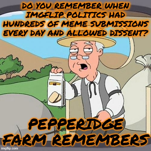 POLITICAL CORRECTNESS AND PETTY TYRANTS RUIN EVERYTHING | DO YOU REMEMBER WHEN IMGFLIP POLITICS HAD HUNDREDS OF MEME SUBMISSIONS EVERY DAY AND ALLOWED DISSENT? PEPPERIDGE FARM REMEMBERS | image tagged in memes,pepperidge farm remembers | made w/ Imgflip meme maker