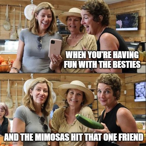 That One Friend |  WHEN YOU'RE HAVING FUN WITH THE BESTIES; AND THE MIMOSAS HIT THAT ONE FRIEND | image tagged in one friend,white woman | made w/ Imgflip meme maker