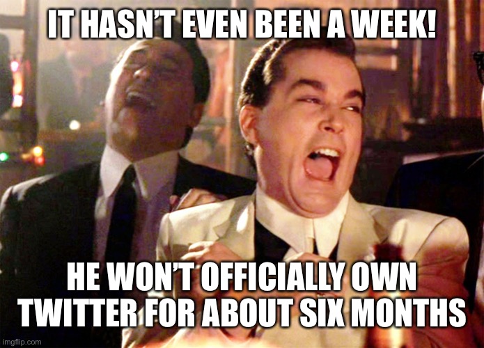Good Fellas Hilarious Meme | IT HASN’T EVEN BEEN A WEEK! HE WON’T OFFICIALLY OWN TWITTER FOR ABOUT SIX MONTHS | image tagged in memes,good fellas hilarious | made w/ Imgflip meme maker