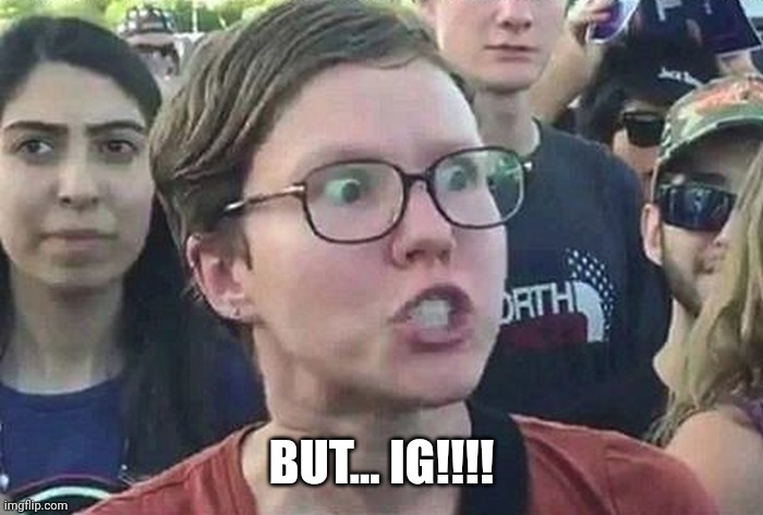 Triggered Liberal | BUT... IG!!!! | image tagged in triggered liberal | made w/ Imgflip meme maker
