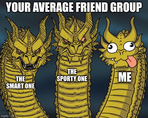 Three-headed Dragon | YOUR AVERAGE FRIEND GROUP; THE SPORTY ONE; ME; THE SMART ONE | image tagged in three-headed dragon | made w/ Imgflip meme maker