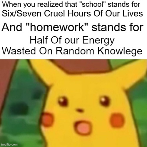 omg | When you realized that "school" stands for; Six/Seven Cruel Hours Of Our Lives; And "homework" stands for; Half Of our Energy Wasted On Random Knowlege | image tagged in memes,surprised pikachu,school,bruh,what,ahh | made w/ Imgflip meme maker