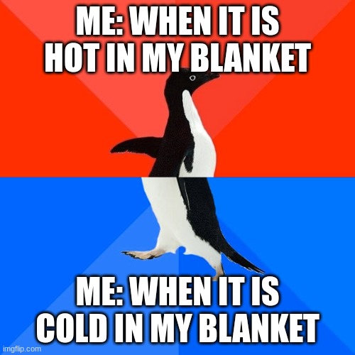 please see | ME: WHEN IT IS HOT IN MY BLANKET; ME: WHEN IT IS COLD IN MY BLANKET | image tagged in memes,socially awesome awkward penguin | made w/ Imgflip meme maker