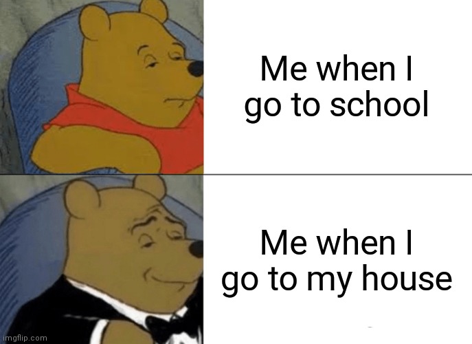 Tuxedo Winnie The Pooh Meme | Me when I go to school; Me when I go to my house | image tagged in memes,tuxedo winnie the pooh | made w/ Imgflip meme maker
