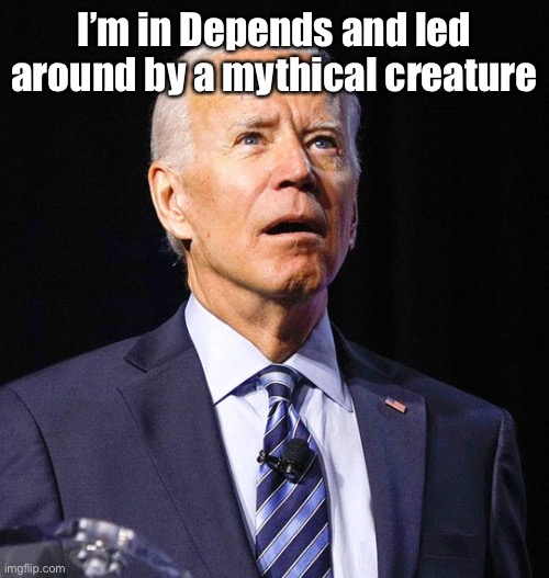 Joe Biden | I’m in Depends and led around by a mythical creature | image tagged in joe biden | made w/ Imgflip meme maker