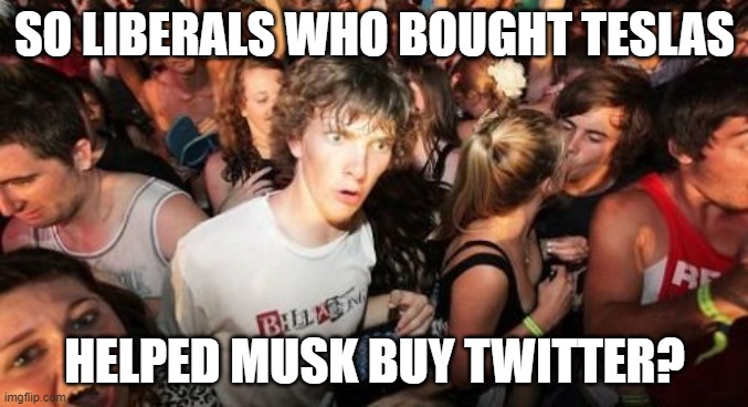 twitter | SO LIBERALS WHO BOUGHT TESLAS; HELPED MUSK BUY TWITTER? | image tagged in memes,sudden clarity clarence | made w/ Imgflip meme maker