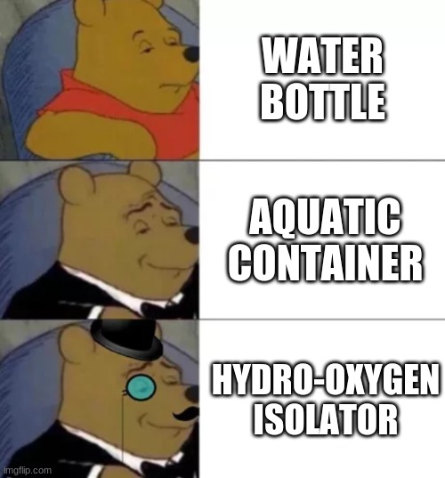 Proposition | WATER BOTTLE; AQUATIC CONTAINER; HYDRO-OXYGEN ISOLATOR | image tagged in fancy pooh | made w/ Imgflip meme maker