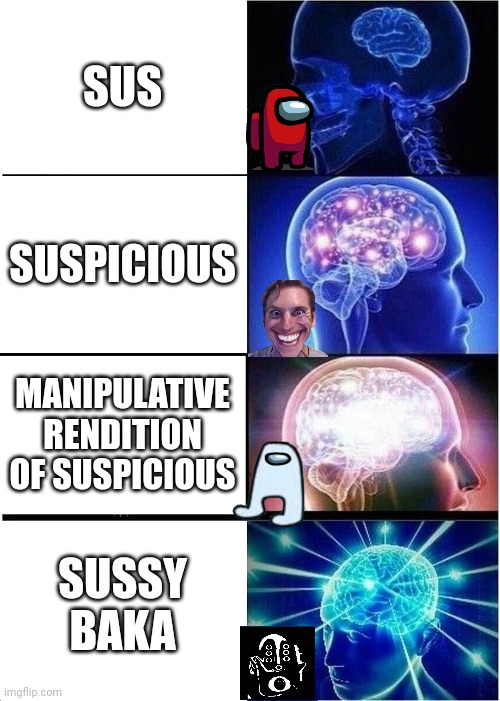 Expanding Brain | SUS; SUSPICIOUS; MANIPULATIVE RENDITION OF SUSPICIOUS; SUSSY BAKA | image tagged in memes,expanding brain | made w/ Imgflip meme maker