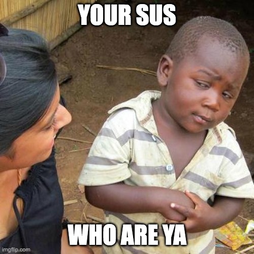 Third World Skeptical Kid | YOUR SUS; WHO ARE YA | image tagged in memes,third world skeptical kid | made w/ Imgflip meme maker