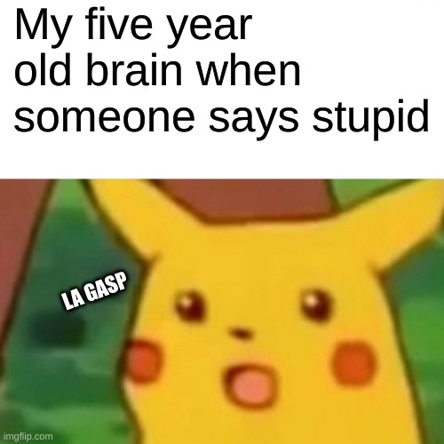 Surprised Pikachu Meme | My five year old brain when someone says stupid; LA GASP | image tagged in memes,surprised pikachu | made w/ Imgflip meme maker