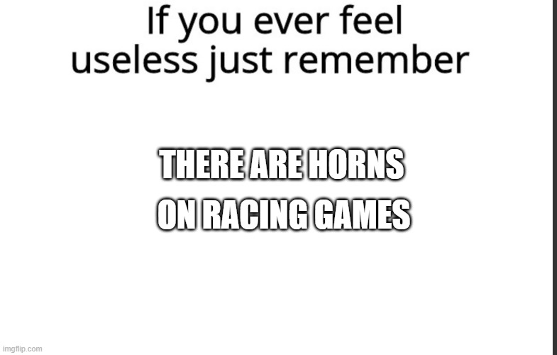 Horns on racing games | ON RACING GAMES; THERE ARE HORNS | image tagged in if you ever feel useless remember this | made w/ Imgflip meme maker