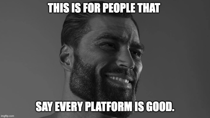 Gigachad | THIS IS FOR PEOPLE THAT; SAY EVERY PLATFORM IS GOOD. | image tagged in gigachad | made w/ Imgflip meme maker
