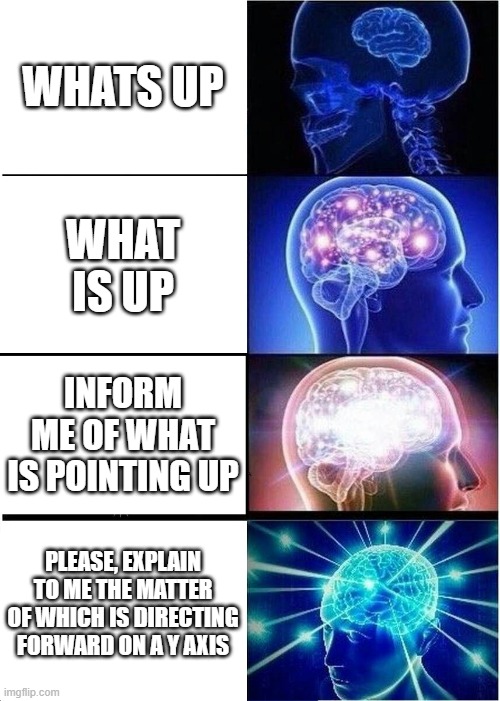 wats sup | WHATS UP; WHAT IS UP; INFORM ME OF WHAT IS POINTING UP; PLEASE, EXPLAIN TO ME THE MATTER OF WHICH IS DIRECTING FORWARD ON A Y AXIS | image tagged in memes,expanding brain | made w/ Imgflip meme maker