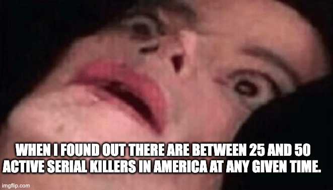 tru fact | WHEN I FOUND OUT THERE ARE BETWEEN 25 AND 50 ACTIVE SERIAL KILLERS IN AMERICA AT ANY GIVEN TIME. | image tagged in scared | made w/ Imgflip meme maker