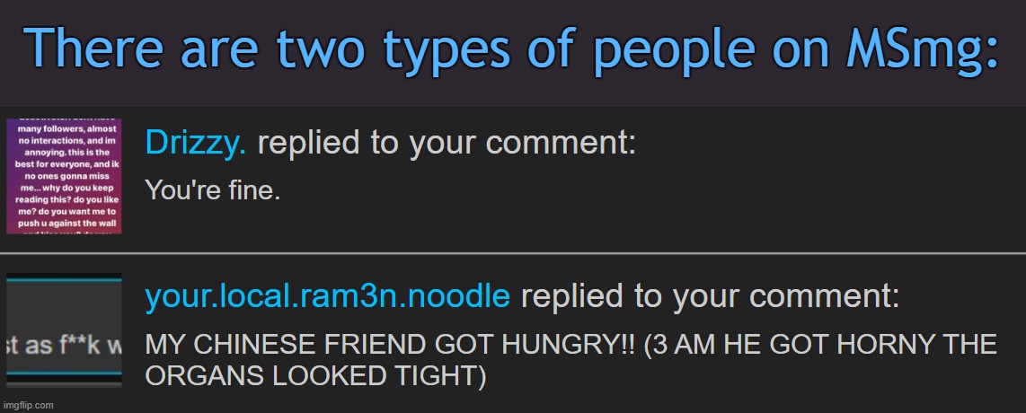 The amount of effort I put into trying to make the text match the image. The outline width is 3.5,,, | There are two types of people on MSmg: | made w/ Imgflip meme maker