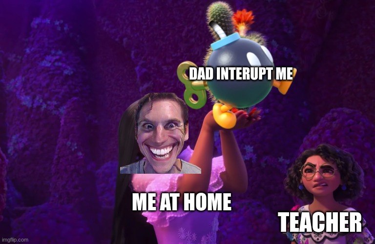 Mirabel and Isabella | DAD INTERUPT ME; ME AT HOME; TEACHER | image tagged in mirabel and isabella | made w/ Imgflip meme maker
