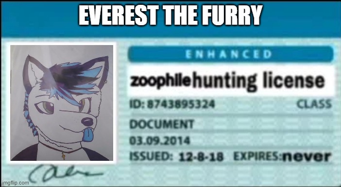 I hate zoophiles! | EVEREST THE FURRY | image tagged in zoophile hunting license,hate,kill,furry | made w/ Imgflip meme maker