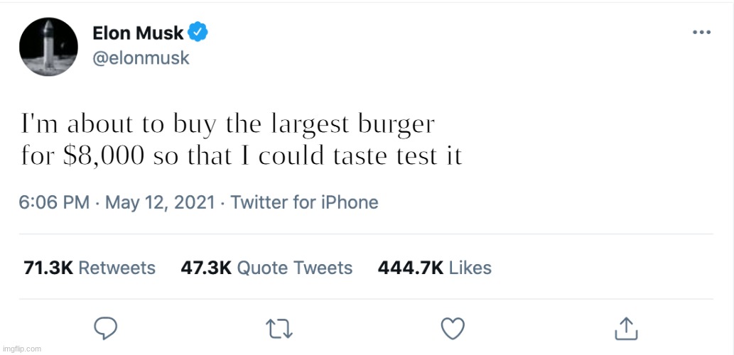 Elon is about to buy the largest burger in the world | I'm about to buy the largest burger for $8,000 so that I could taste test it; LOL | image tagged in elon musk blank tweet,memes,burger,lol | made w/ Imgflip meme maker