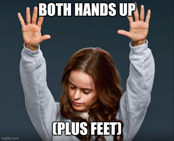 PRAISE THE LORD | BOTH HANDS UP (PLUS FEET) | image tagged in praise the lord | made w/ Imgflip meme maker