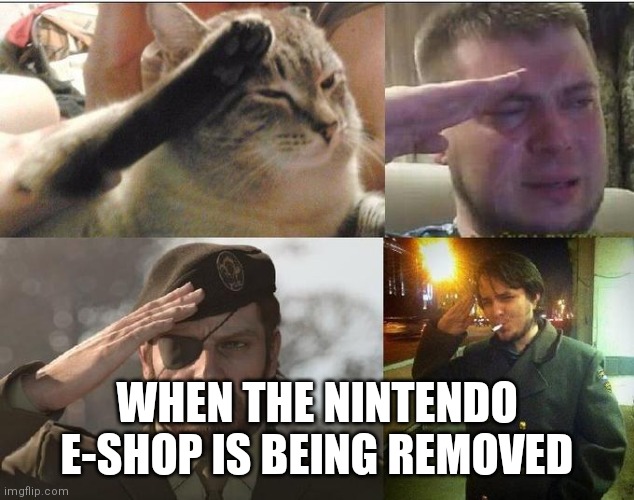 Ozon's Salute | WHEN THE NINTENDO E-SHOP IS BEING REMOVED | image tagged in ozon's salute | made w/ Imgflip meme maker