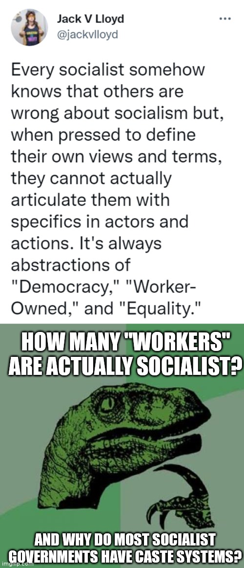  HOW MANY "WORKERS" ARE ACTUALLY SOCIALIST? AND WHY DO MOST SOCIALIST GOVERNMENTS HAVE CASTE SYSTEMS? | image tagged in memes,philosoraptor,socialism | made w/ Imgflip meme maker