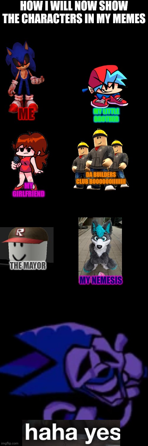 Blank Transparent Square Meme | HOW I WILL NOW SHOW THE CHARACTERS IN MY MEMES; ME; MY LITTLE BROTHER; DA BUILDERS CLUB BOOOOOOIIIIIIII; MY GIRLFRIEND; THE MAYOR; MY NEMESIS | image tagged in memes,blank transparent square,new me,why are you gay,celebration,end my suffering | made w/ Imgflip meme maker