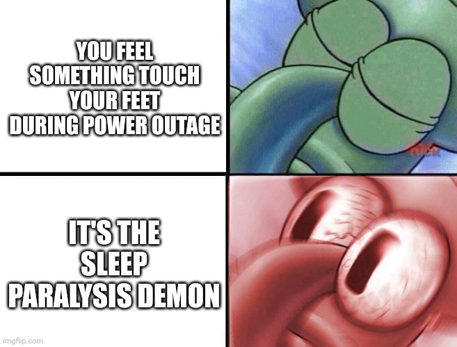 Meme | YOU FEEL SOMETHING TOUCH YOUR FEET DURING POWER OUTAGE; IT'S THE SLEEP PARALYSIS DEMON | image tagged in sleeping squidward,memes | made w/ Imgflip meme maker
