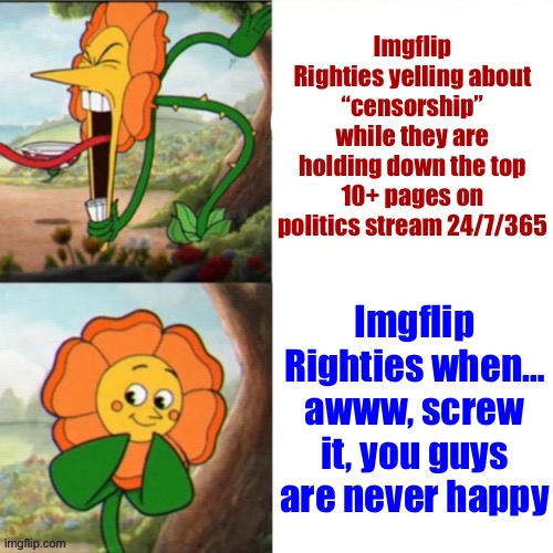 Bruh the first liberal meme you’ll find on “politics” is on page 14. Page 14 | Imgflip Righties yelling about “censorship” while they are holding down the top 10+ pages on politics stream 24/7/365; Imgflip Righties when… awww, screw it, you guys are never happy | image tagged in sunflower | made w/ Imgflip meme maker
