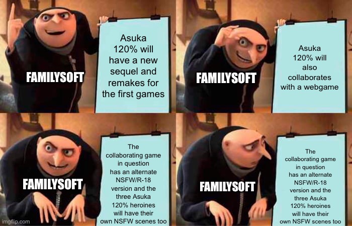 Asuka 120%'s present trend in a nutshell | Asuka 120% will have a new sequel and remakes for the first games; Asuka 120% will also collaborates with a webgame; FAMILYSOFT; FAMILYSOFT; The collaborating game in question has an alternate NSFW/R-18 version and the three Asuka 120% heroines will have their own NSFW scenes too; The collaborating game in question has an alternate NSFW/R-18 version and the three Asuka 120% heroines will have their own NSFW scenes too; FAMILYSOFT; FAMILYSOFT | image tagged in memes,gru's plan | made w/ Imgflip meme maker