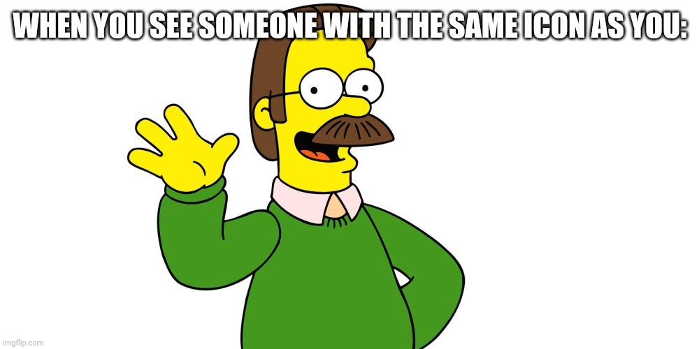 Nice | WHEN YOU SEE SOMEONE WITH THE SAME ICON AS YOU: | image tagged in ned flanders wave | made w/ Imgflip meme maker