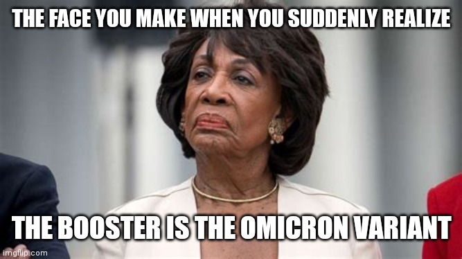 MAD MAXINE FULLY VAXXED |  THE FACE YOU MAKE WHEN YOU SUDDENLY REALIZE; THE BOOSTER IS THE OMICRON VARIANT | image tagged in maxine waters covid positive,covid-19,coronavirus,covid vaccine,covidiots,libtards | made w/ Imgflip meme maker