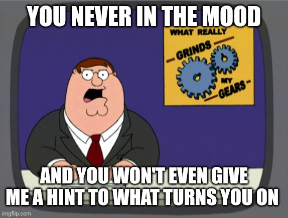 Peter Griffin News Meme | YOU NEVER IN THE MOOD; AND YOU WON'T EVEN GIVE ME A HINT TO WHAT TURNS YOU ON | image tagged in memes,peter griffin news | made w/ Imgflip meme maker