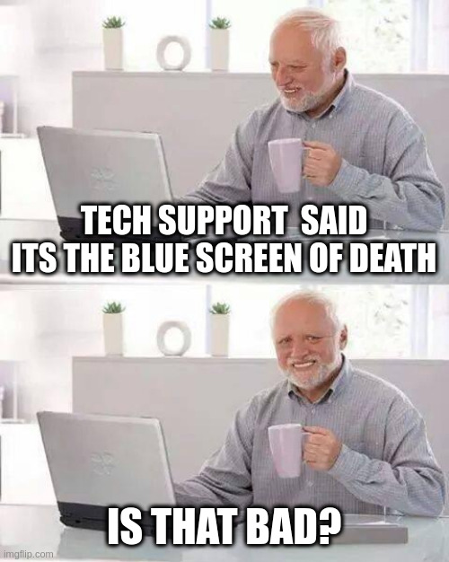 Hide the Pain Harold | TECH SUPPORT  SAID ITS THE BLUE SCREEN OF DEATH; IS THAT BAD? | image tagged in memes,hide the pain harold | made w/ Imgflip meme maker