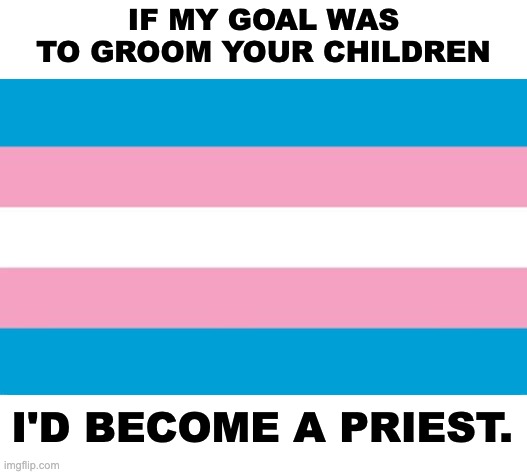 Transgender Flag | IF MY GOAL WAS TO GROOM YOUR CHILDREN; I'D BECOME A PRIEST. | image tagged in transgender flag,catholic,pedophile priest,trans rights | made w/ Imgflip meme maker
