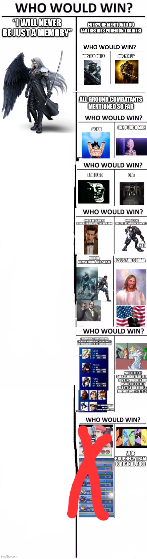 This should be fun (should I do one where they actually have equal support? | “I WILL NEVER BE JUST A MEMORY”; EVERYONE MENTIONED SO FAR (BESIDES POKEMON TRAINER) | image tagged in memes,who would win | made w/ Imgflip meme maker