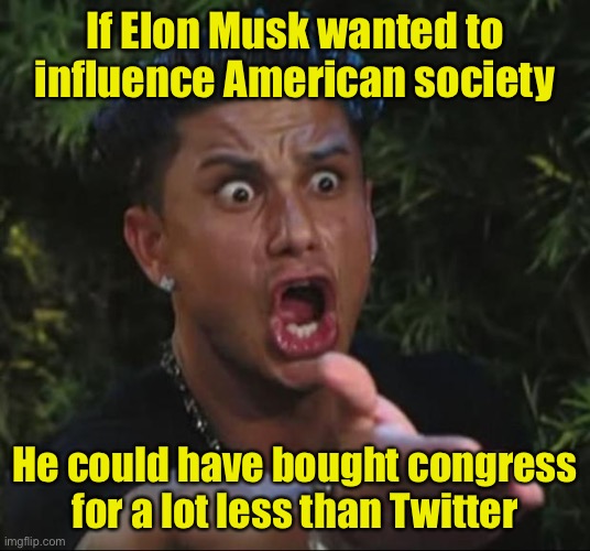 DJ Pauly D Meme | If Elon Musk wanted to influence American society; He could have bought congress for a lot less than Twitter | image tagged in memes,dj pauly d,congress | made w/ Imgflip meme maker