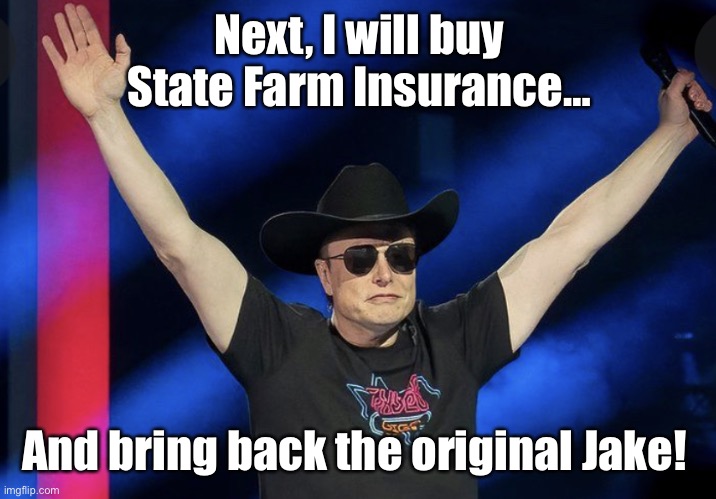 Like a good tycoon |  Next, I will buy State Farm Insurance…; And bring back the original Jake! | image tagged in elon,elon musk,jake from state farm | made w/ Imgflip meme maker