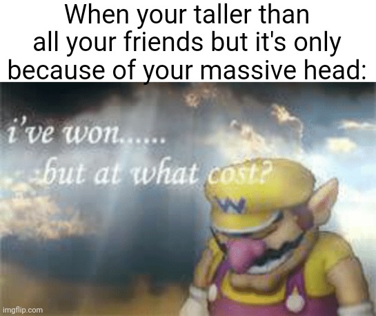I've won but at what cost? | When your taller than all your friends but it's only because of your massive head: | image tagged in i've won but at what cost | made w/ Imgflip meme maker