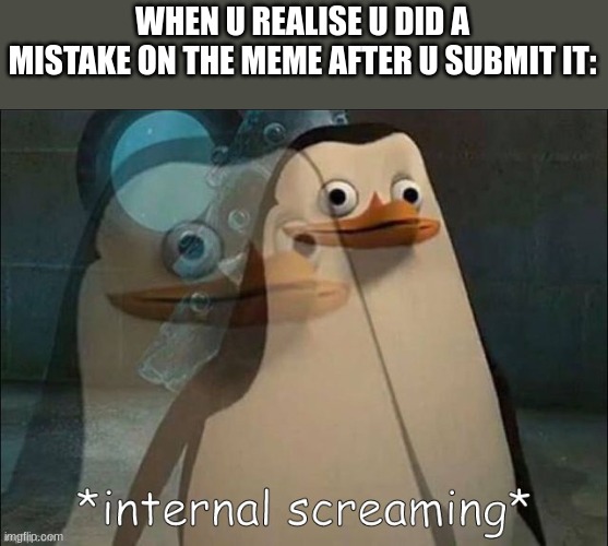 Private Internal Screaming | WHEN U REALISE U DID A MISTAKE ON THE MEME AFTER U SUBMIT IT: | image tagged in private internal screaming | made w/ Imgflip meme maker