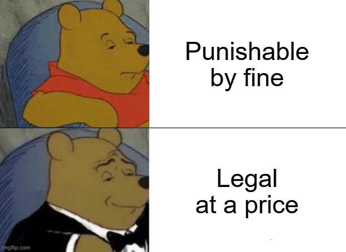 The Reality of Speeding | Punishable by fine; Legal at a price | image tagged in memes,tuxedo winnie the pooh | made w/ Imgflip meme maker