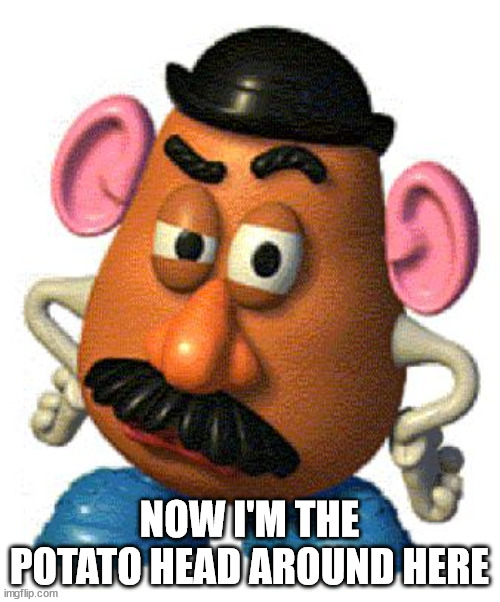 Mr Potato Head | NOW I'M THE POTATO HEAD AROUND HERE | image tagged in mr potato head | made w/ Imgflip meme maker