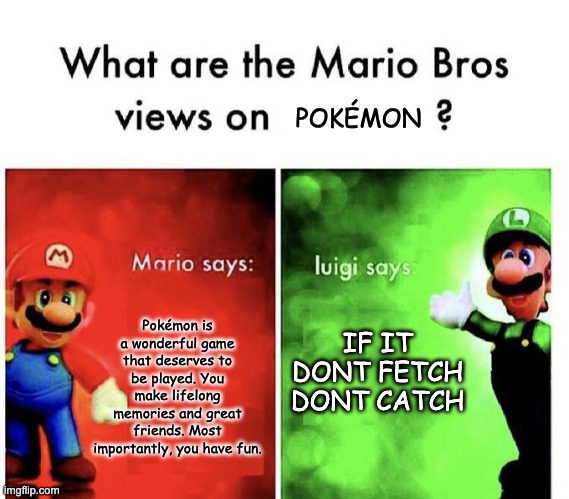 What are the Mario Bros' views on Pokémon? | POKÉMON; IF IT DONT FETCH DONT CATCH; Pokémon is a wonderful game that deserves to be played. You make lifelong memories and great friends. Most importantly, you have fun. | image tagged in mario bros views,pokemon | made w/ Imgflip meme maker