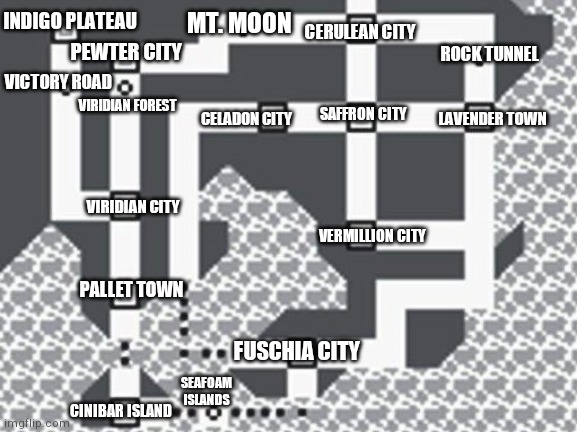 Pokemon Red Town Map [no Billy's house :(] | CERULEAN CITY; MT. MOON; INDIGO PLATEAU; PEWTER CITY; ROCK TUNNEL; VICTORY ROAD; VIRIDIAN FOREST; LAVENDER TOWN; SAFFRON CITY; CELADON CITY; VIRIDIAN CITY; VERMILLION CITY; PALLET TOWN; FUSCHIA CITY; SEAFOAM ISLANDS; CINIBAR ISLAND | image tagged in pokemon,red | made w/ Imgflip meme maker