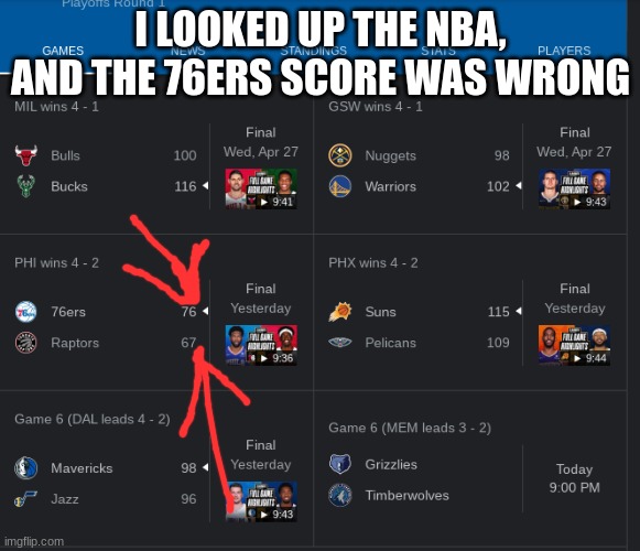 the seventy sixers score was WAY OFF, at least it was 76 | I LOOKED UP THE NBA, AND THE 76ERS SCORE WAS WRONG | image tagged in 76ers | made w/ Imgflip meme maker