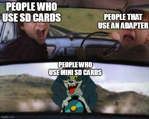 tom and harry potter | PEOPLE THAT USE AN ADAPTER; PEOPLE WHO USE SD CARDS; PEOPLE WHO USE MINI SD CARDS | image tagged in tom and harry potter,memes | made w/ Imgflip meme maker