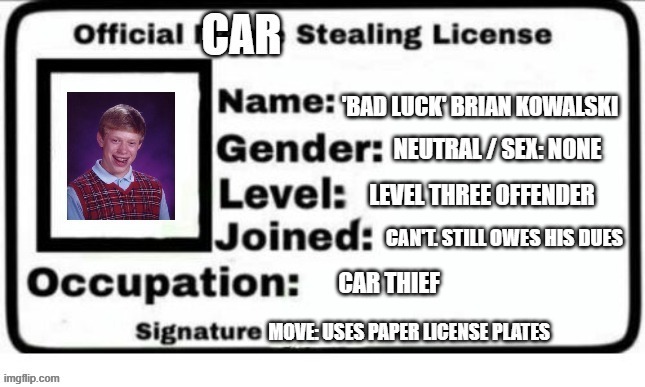 If "Bad Luck Brian" applied for a license today? | image tagged in bad luck brian,license,bad drivers,stop thief,cars | made w/ Imgflip meme maker