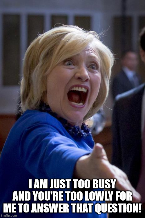 WTF Hillary | I AM JUST TOO BUSY AND YOU'RE TOO LOWLY FOR ME TO ANSWER THAT QUESTION! | image tagged in wtf hillary | made w/ Imgflip meme maker