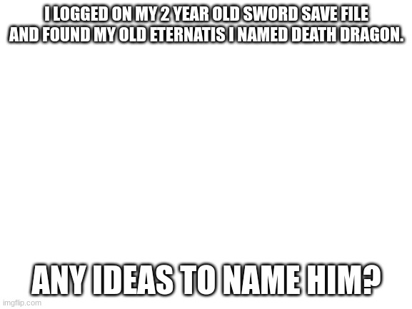 I was thinking Eterny | I LOGGED ON MY 2 YEAR OLD SWORD SAVE FILE AND FOUND MY OLD ETERNATIS I NAMED DEATH DRAGON. ANY IDEAS TO NAME HIM? | image tagged in blank white template | made w/ Imgflip meme maker