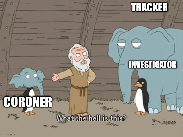 Traitors in Salem meme! WOOT WOOT! | TRACKER; INVESTIGATOR; CORONER | image tagged in what the hell is this | made w/ Imgflip meme maker